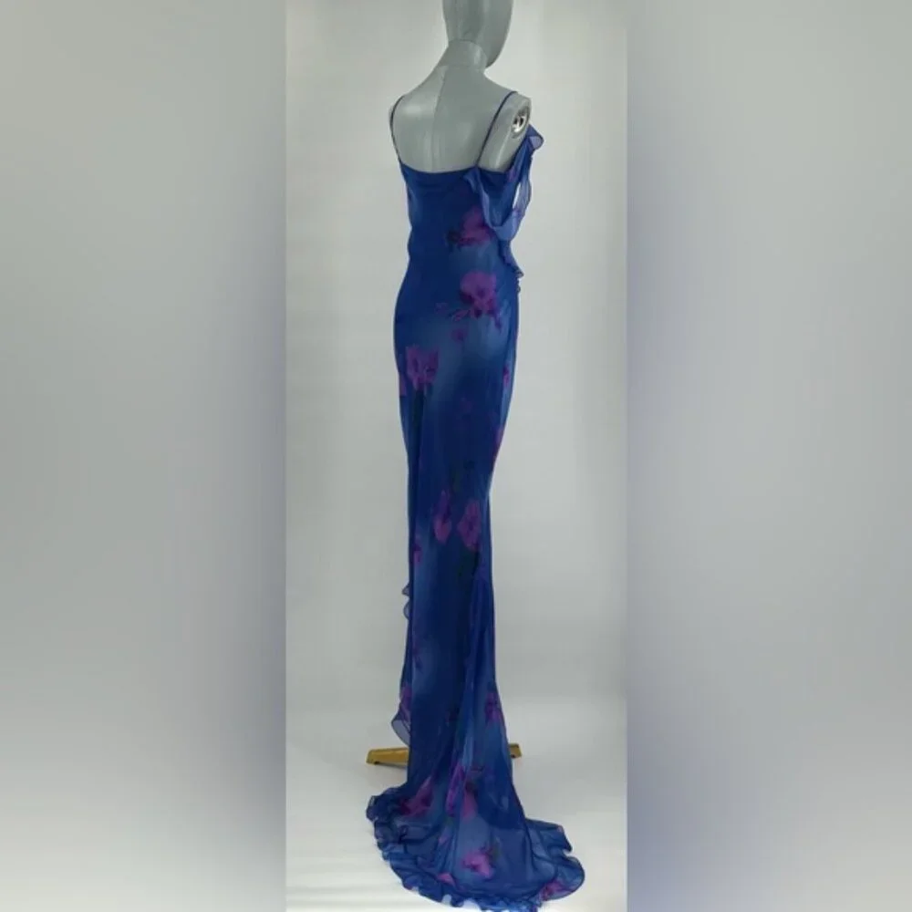 🆕 RAT & BOA 🧿 NWOT Sorrento Chiffon Maxi Dress with Train, Blue Floral - Sz XL